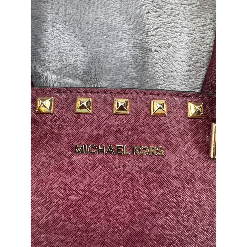 Michael Kors Selma Studded Medium Satchel Plum Saffiano Leather Gold Studs Bag - Picture 3 of 7